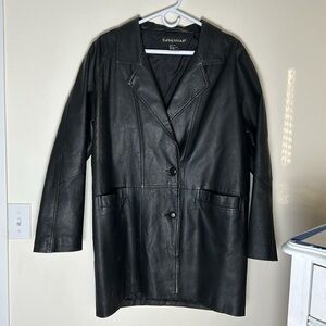 Vintage Savannah Black Leather Trench Coat Long